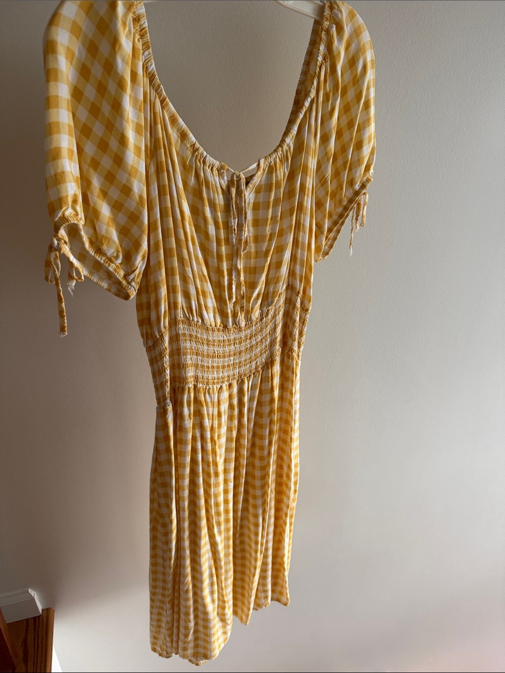 Yellow Gingham Smocked Midi Dress with Tie Neck